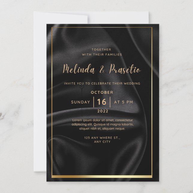 Invitación a la boda Tinta de alcohol de oro negro (Anverso)