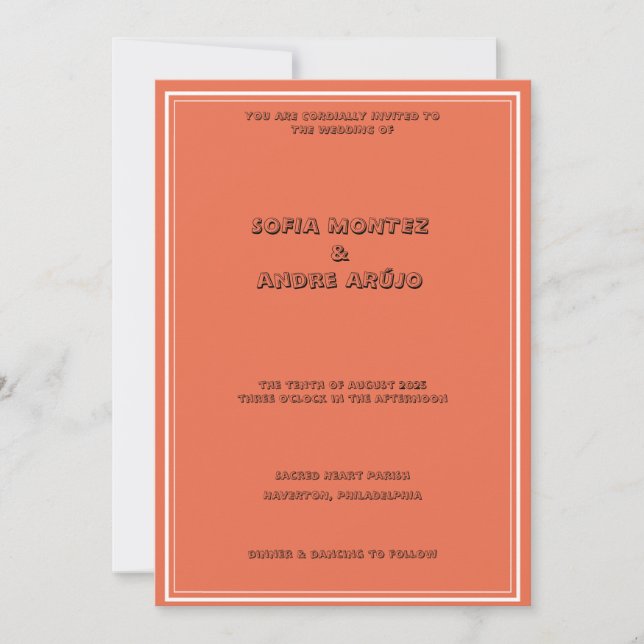 Invitación a la boda tipográfica naranja (Anverso)