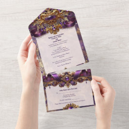 Invitación a la boda todo en uno con joyas púrpura