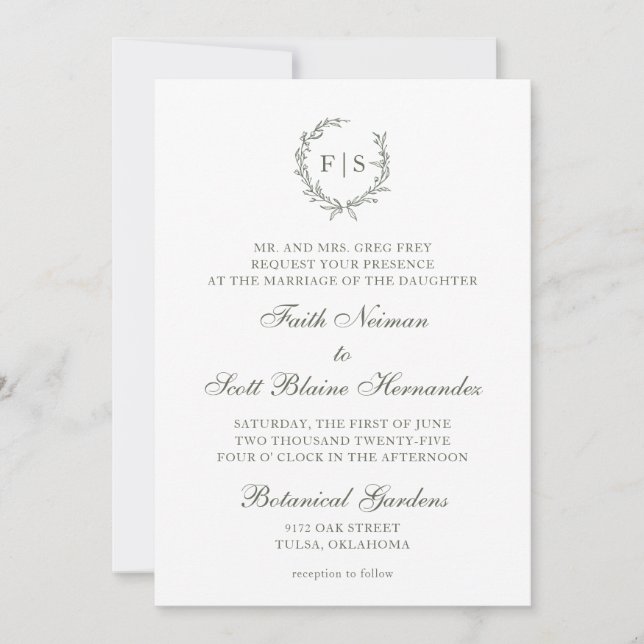 Invitación a la boda tradicional de la corona verd (Anverso)