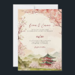 Invitación a la boda tradicional japonesa de paisa<br><div class="desc">Esta invitación a la boda presenta el paisaje japonés con un árbol de flores de cerezo en colores rosa y verde. Perfecto para bodas japoneses,  bodas estadounidenses japoneses,  bodas asiáticos o bodas japoneses.</div>