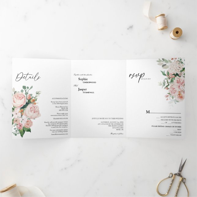 Invitación a la boda tripartita blanca floral de R (Interior)