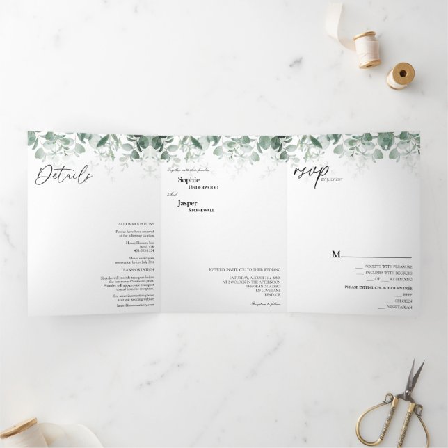 Invitación a la boda tripartita blanca y verde mod (Interior)