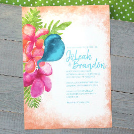 Invitación a la boda tropical azul de Malibu rosa