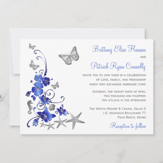 Invitación a la boda tropical azul, gris y blanca (Anverso)
