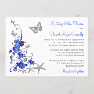 Invitación a la boda tropical azul, gris y blanca