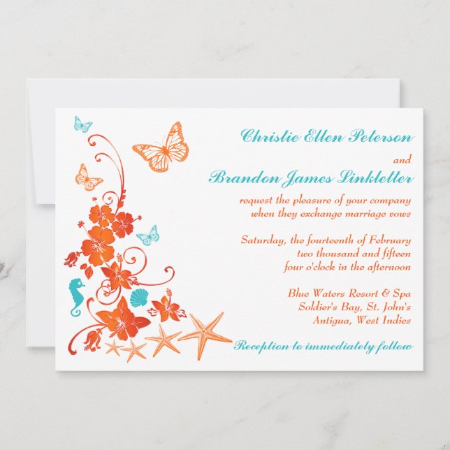 Invitación a la boda tropical azul, Naranja y blan (Anverso)