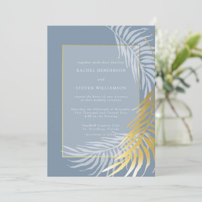 Invitación a la boda tropical azul y blanco (Anverso de pie)