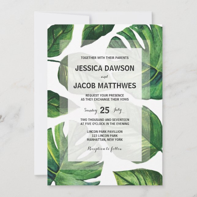 Invitación a la boda tropical, boda en la playa (Anverso)