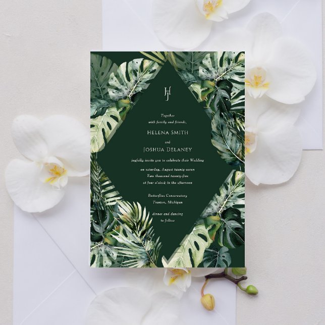 Invitación a la boda tropical, botánica de Moody (Tropical wedding invitation modern - Emerald green)