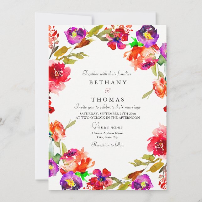 Invitación a la boda tropical con flores rojas y p (Anverso)