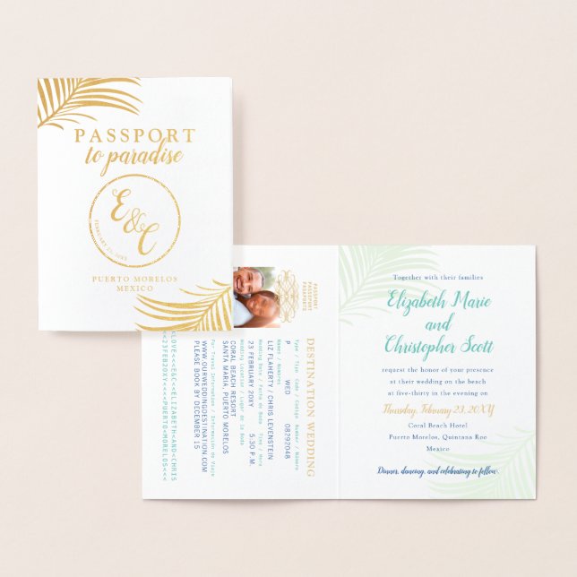 Invitación a la boda tropical con pasaporte Reliev (Demostración)