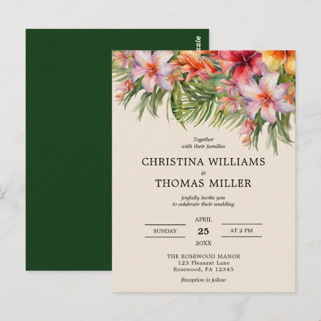 Invitación a la boda tropical de acuarela de presu (Anverso / Reverso)