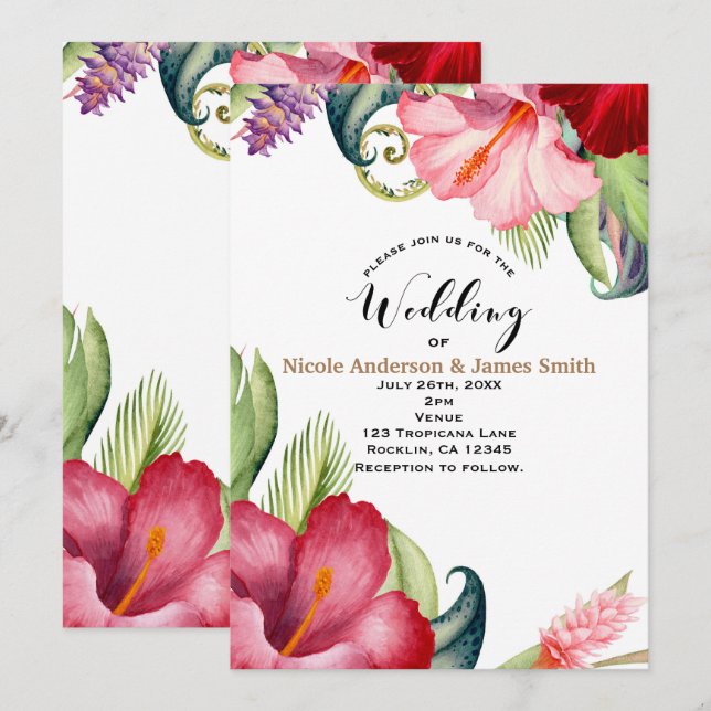 Invitación a la boda tropical de Aloha con flores  (Anverso / Reverso)