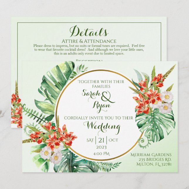 Invitación a la Boda Tropical de Anillo con Detall (Anverso / Reverso)