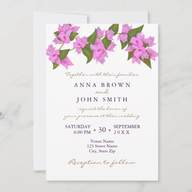 Invitación a la boda tropical de Bougainvillea (Anverso)