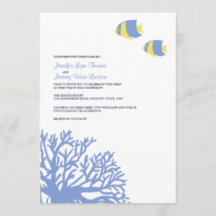 Invitación a la boda tropical de coral azul y amar