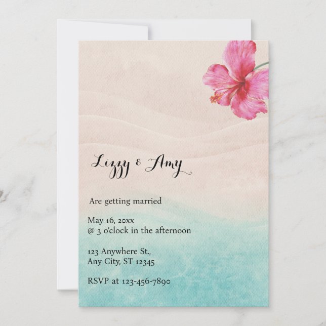 Invitación a la boda tropical de Hibiscus Beach (Anverso)