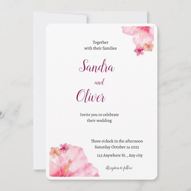 Invitación a la boda tropical de Hibiscus Beach (Anverso)
