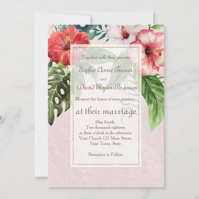 Invitación a la boda tropical de Hibiscus Bouquet  (Anverso)