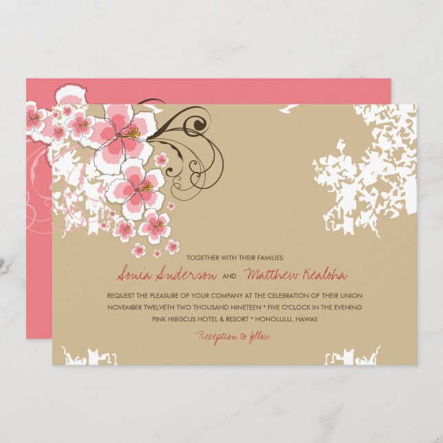 Invitación a la boda tropical de Hibiscus Pink Lua (Anverso / Reverso)