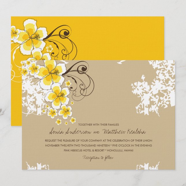 Invitación a la boda tropical de Hibiscus Yellow L (Anverso / Reverso)