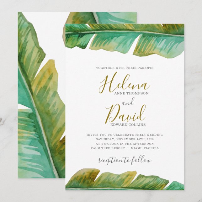 Invitación a la boda tropical de hojas de plátano (Anverso / Reverso)