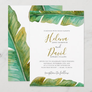 Invitación a la boda tropical de hojas de plátano