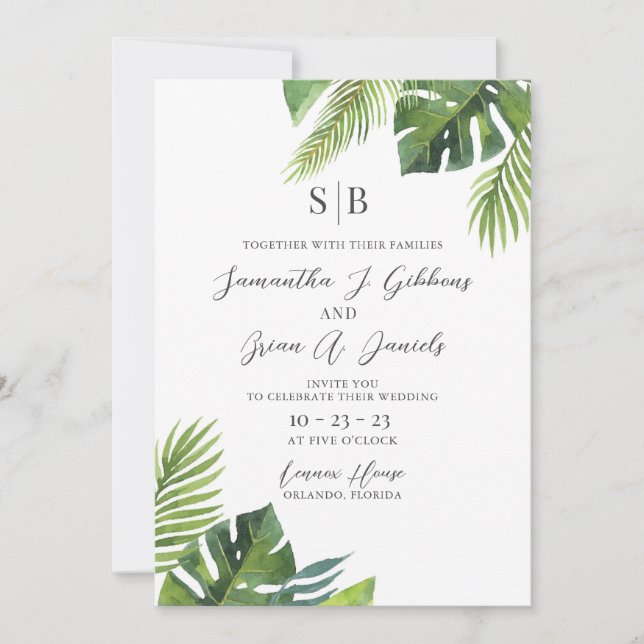 Invitación a la boda tropical de la hoja de palma  (Anverso)