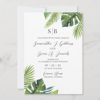 Invitación a la boda tropical de la hoja de palma 