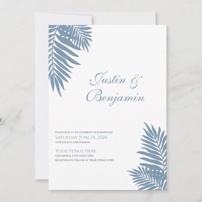 Invitación a la boda tropical de la palma azul 5 X (Anverso)