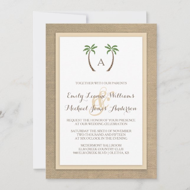 Invitación a la Boda Tropical de la Playa Burlap d (Anverso)
