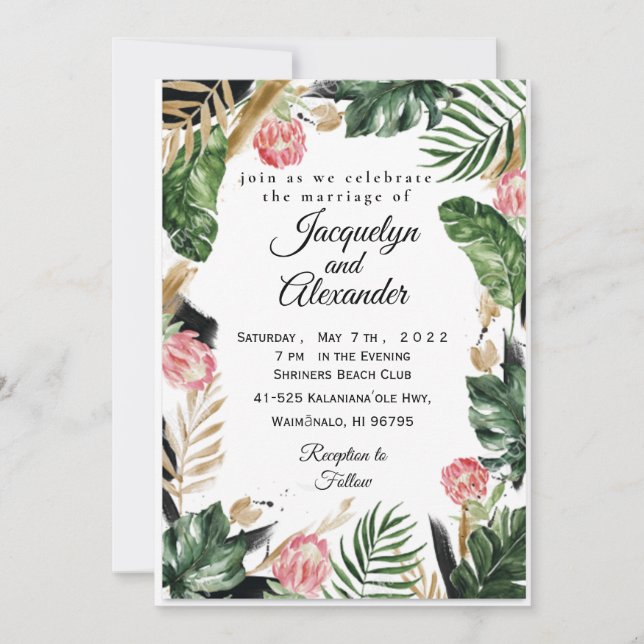 Invitación a la boda tropical de las flores del pe (Anverso)