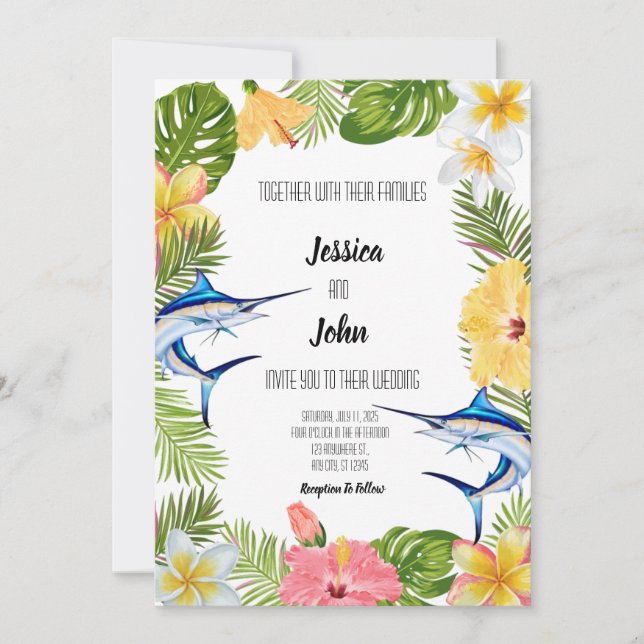 Invitación a la boda tropical de Marlin (Anverso)