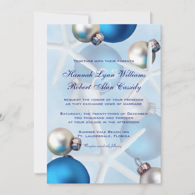 Invitación a la boda tropical de Navidades azules  (Anverso)