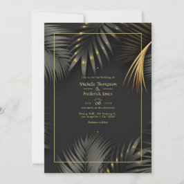 Invitación a la boda tropical de oro y negro