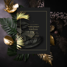 Invitación a la boda tropical de oro y negro