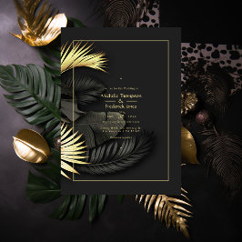 Invitación a la boda tropical de oro y negro