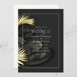 Invitación a la boda tropical de oro y negro