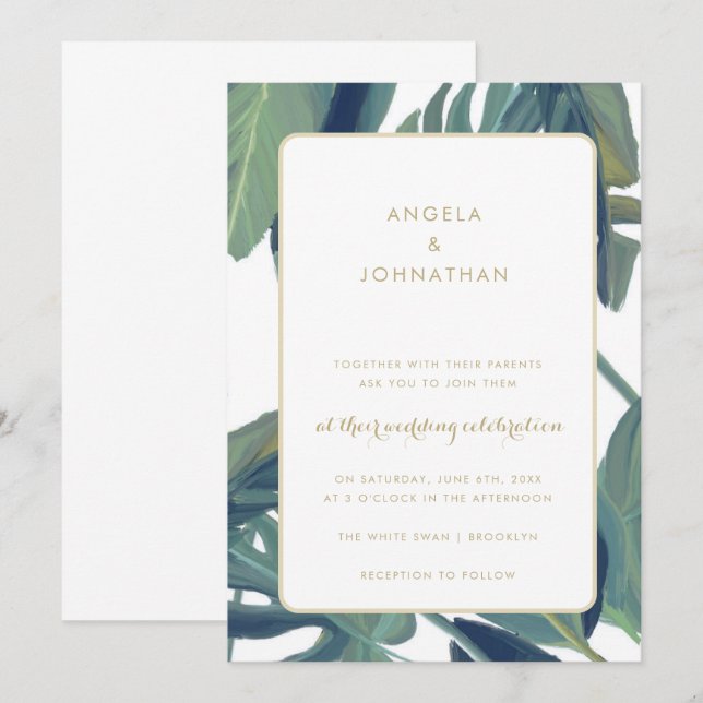 Invitación a la boda tropical de Palm Leaves Beach (Anverso / Reverso)