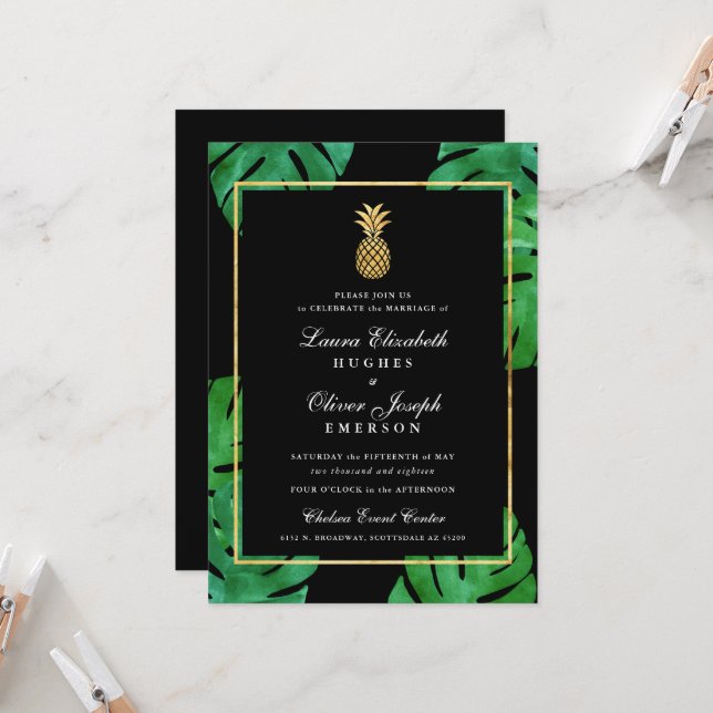 Invitación a la Boda Tropical de Piña Negra y Oro (Anverso/Reverso In Situ)