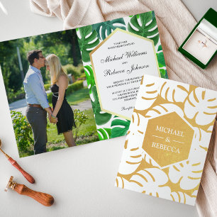 Invitación a la boda tropical del Relieve metaliza