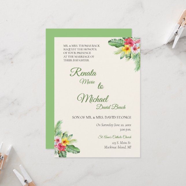 Invitación a la boda tropical floral (Anverso/Reverso In Situ)
