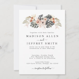 Invitación a la boda tropical floral y palma bohem