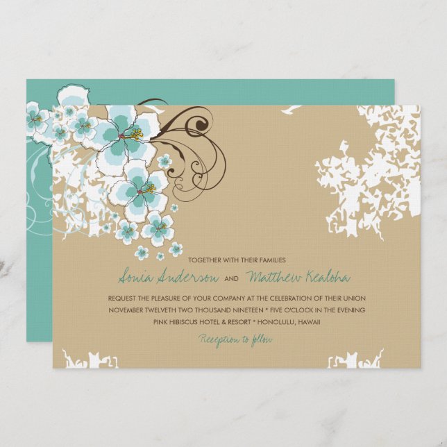 Invitación a la boda tropical Hibiscus Blue Luau B (Anverso / Reverso)