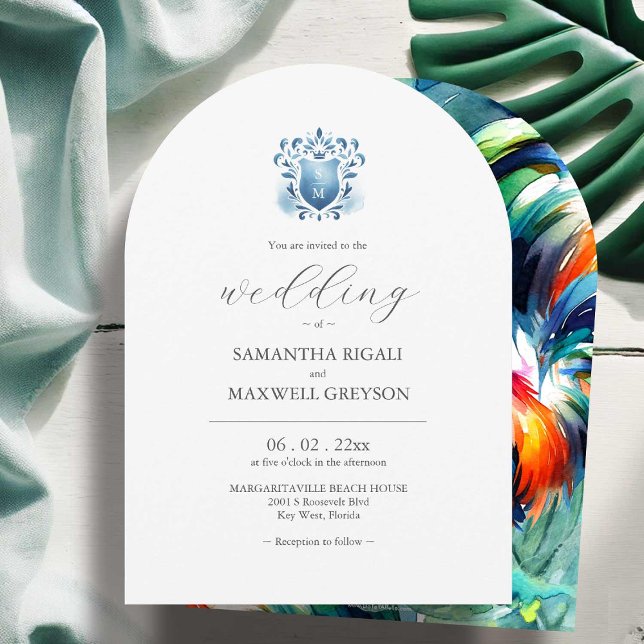 Invitación a la boda tropical inspirada en el Oest (Destination wedding invitations Key West inspired art by Victoria Grigaliunas Do Tell A Belle)