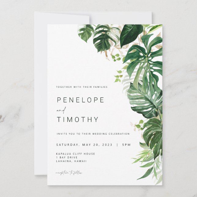 Invitación a la boda tropical moderna Las hojas de (Anverso)