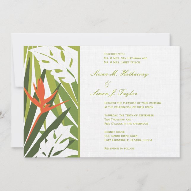 Invitación a la boda tropical - Verde y Naranja (Anverso)