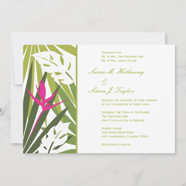 Invitación a la boda tropical - Verde y rosa (Anverso)