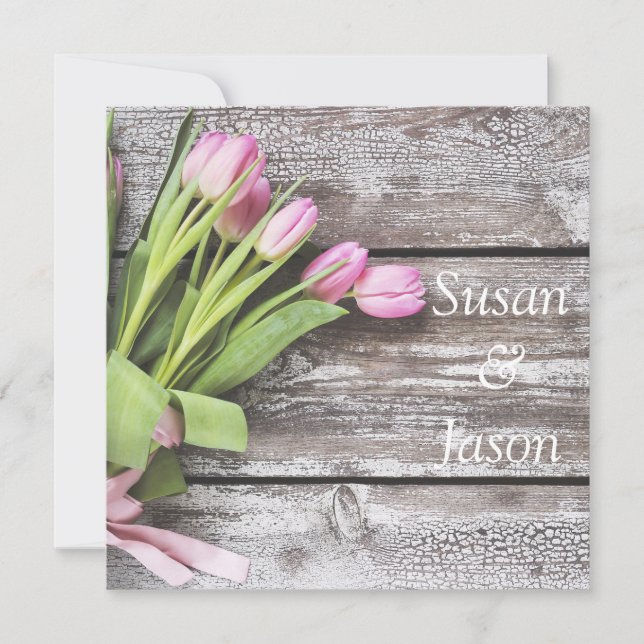 Invitación a la boda: tulipanes rosados y madera (Anverso)